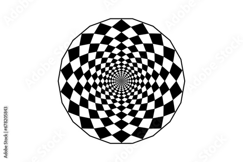 Hypnotic art mandala design, optical spiral illusion. Optical Checkered Circle Classic circular Op Art design in black and white. Vector illustration isolated on white background