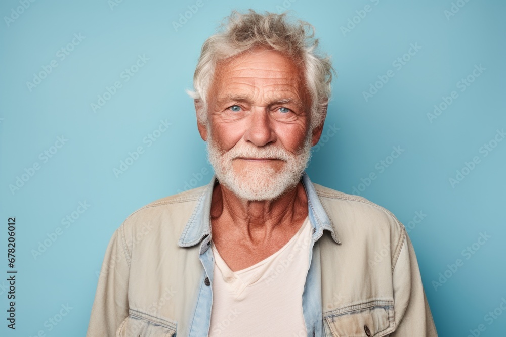 Portrait of a glad man in his 70s wearing a rugged jean vest against a pastel or soft colors background. AI Generation Portrait of a glad man in his 70s wearing a rugged jean vest against a pastel or soft colors background. AI Generation