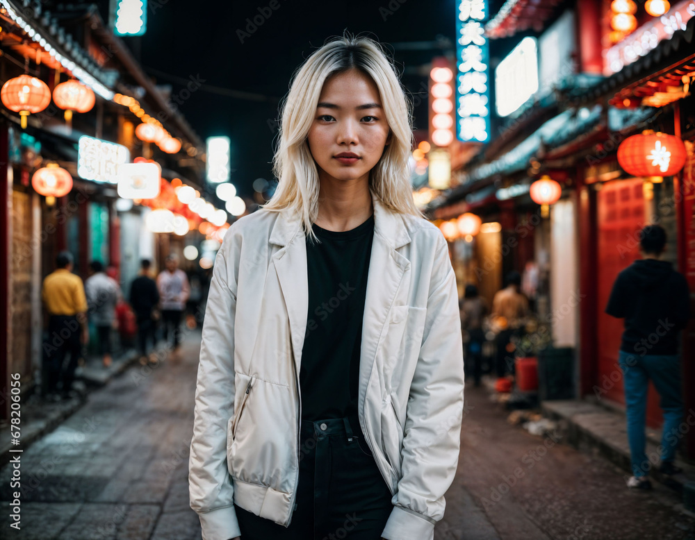 photo of beautiful young girl in china local street market at night, generative AI