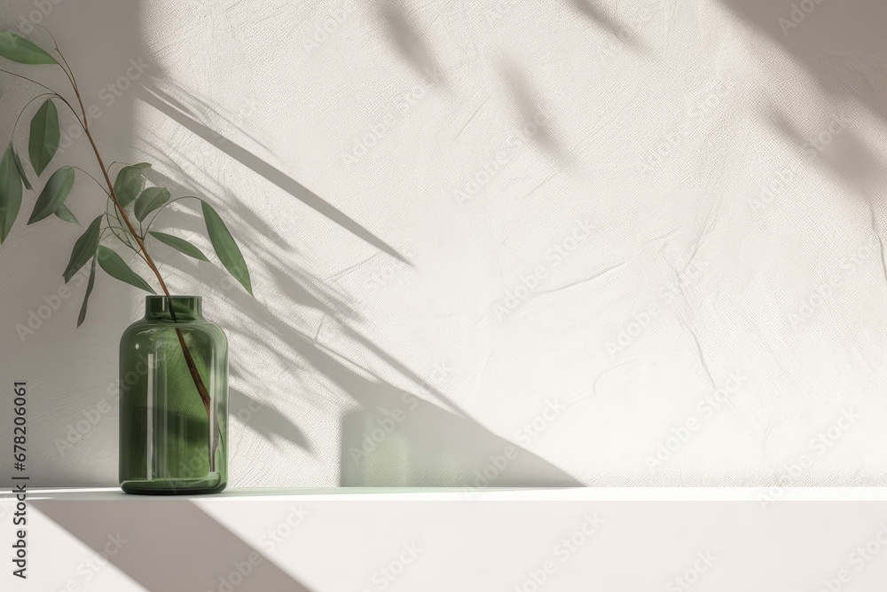 flowers in vase on white wall with copy space,White empty concrete textured wall and podium stage background, green glass vase with plants, neutral sustainable natural brand product showcase template, - obrazy, fototapety, plakaty 
