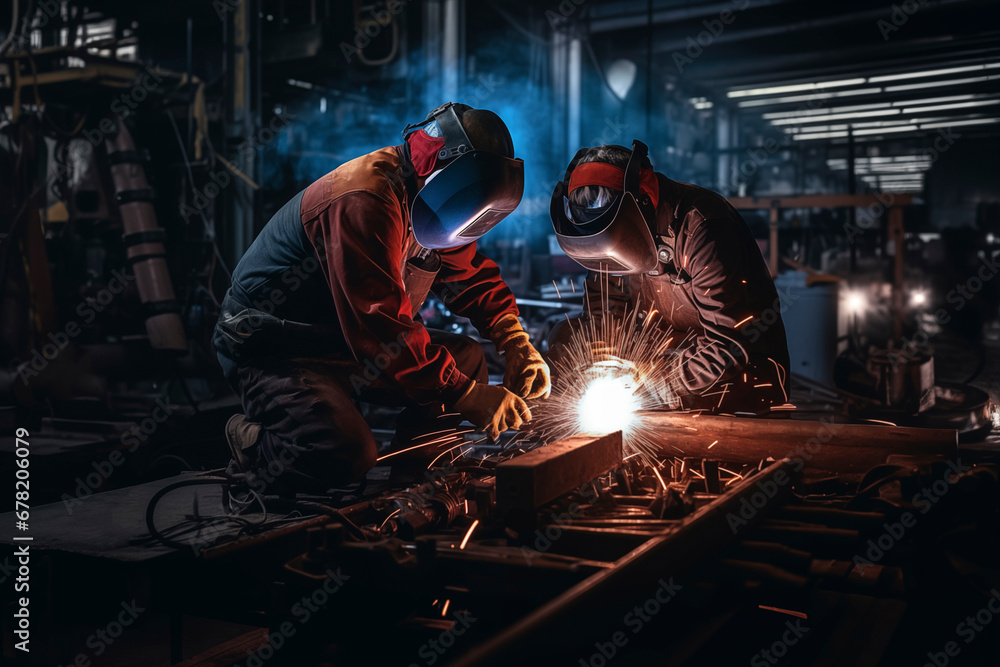 Electric welders in a protective mask work in a production workshop. Electric welders in a protective mask work in a production workshop.