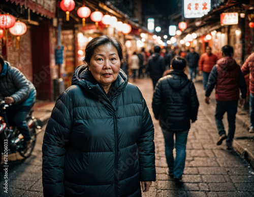 photo of senior old woman in china local street market at night, generative AI