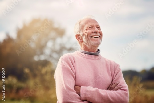 Portrait of a happy man in his 70s wearing a thermal fleece pullover against a pastel or soft colors background. AI Generation
