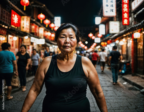 photo of senior old woman in china local street market at night, generative AI © Flash