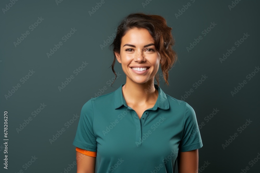 Portrait of a grinning woman in her 30s wearing a sporty polo shirt against a minimalist or empty room background. AI Generation Portrait of a grinning woman in her 30s wearing a sporty polo shirt against a minimalist or empty room background. AI Generation