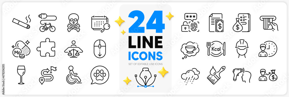 Icons set of Scroll down, Working hours and Salary line icons pack for app with Journey, Electronic thermometer, Smoking thin outline icon. Puzzle, Payment, Electric bike pictogram. Vector
