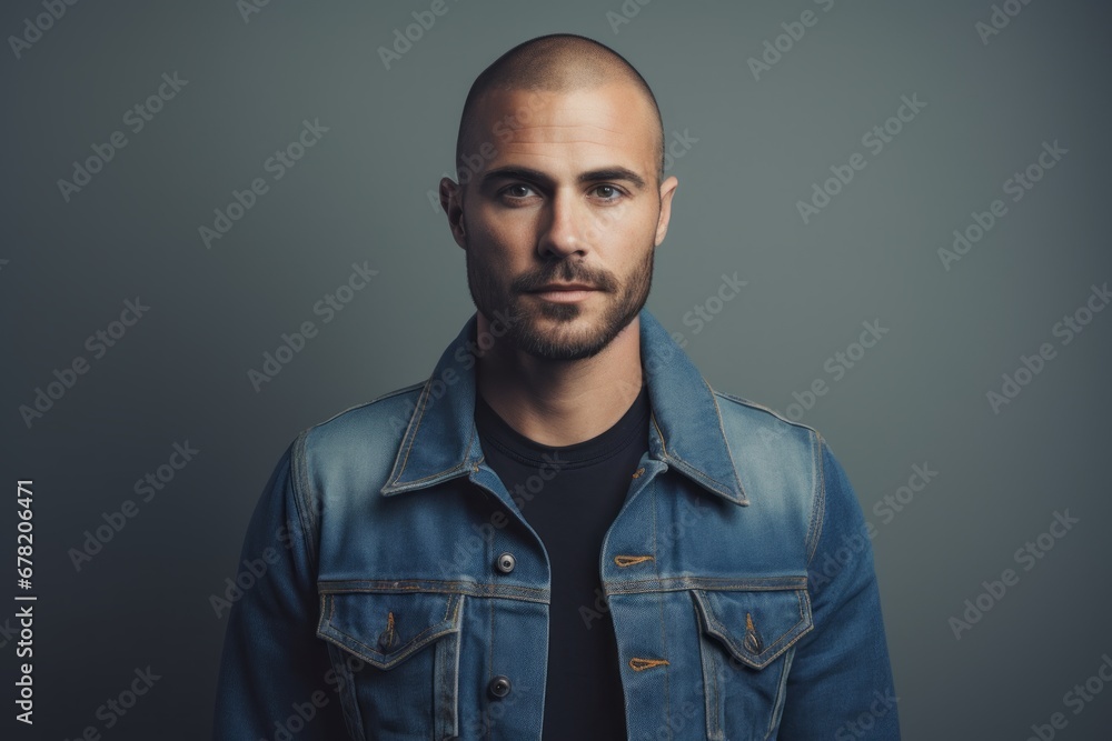 Portrait of a tender man in his 30s sporting a rugged denim jacket against a minimalist or empty room background. AI Generation Portrait of a tender man in his 30s sporting a rugged denim jacket against a minimalist or empty room background. AI Generation