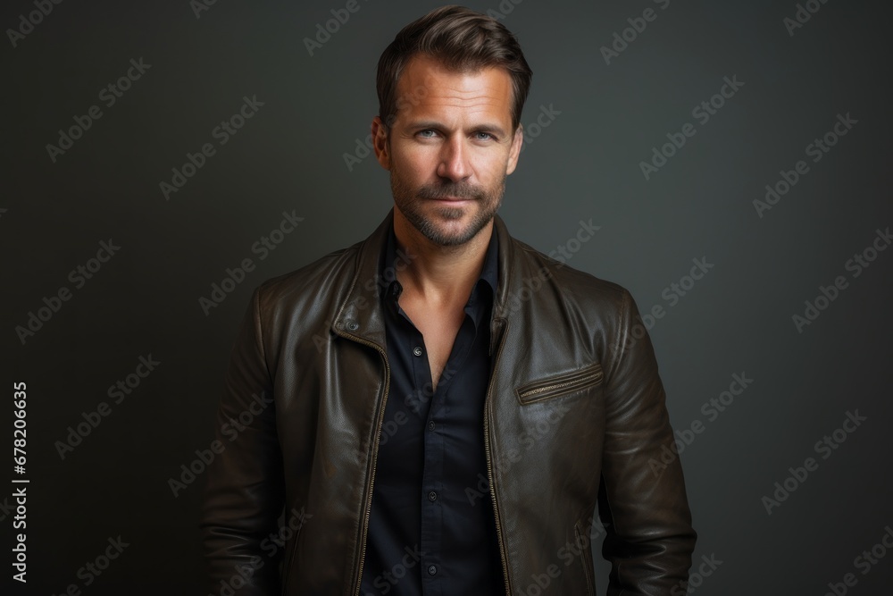 Obraz premium Portrait of a satisfied man in his 40s sporting a stylish leather blazer against a minimalist or empty room background. AI Generation