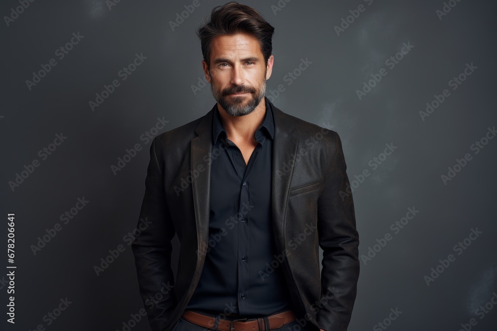 Portrait of a satisfied man in his 40s sporting a stylish leather blazer against a minimalist or empty room background. AI Generation Portrait of a satisfied man in his 40s sporting a stylish leather blazer against a minimalist or empty room background. AI Generation