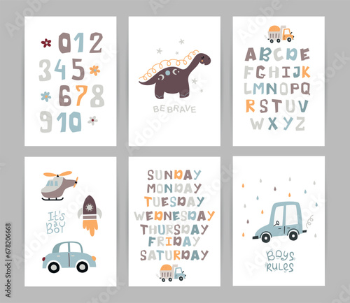 Set of posters with cute cars, dinosaur, numbers and alphabet for boys
