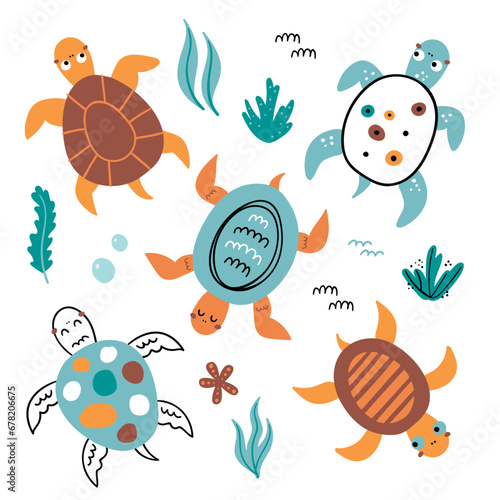 Set of cute sea turtles and seaweed
