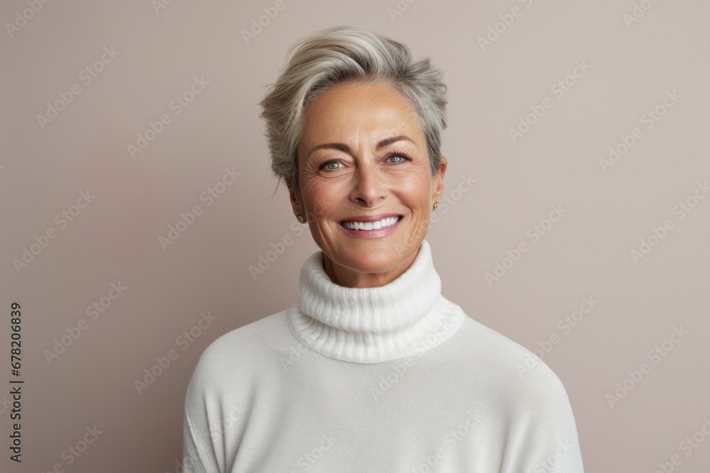 Portrait of a smiling woman in her 60s wearing a classic turtleneck sweater against a minimalist or empty room background. AI Generation Portrait of a smiling woman in her 60s wearing a classic turtleneck sweater against a minimalist or empty room background. AI Generation