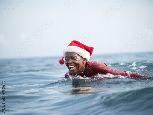 Swim in the sea wearing a Santa hat