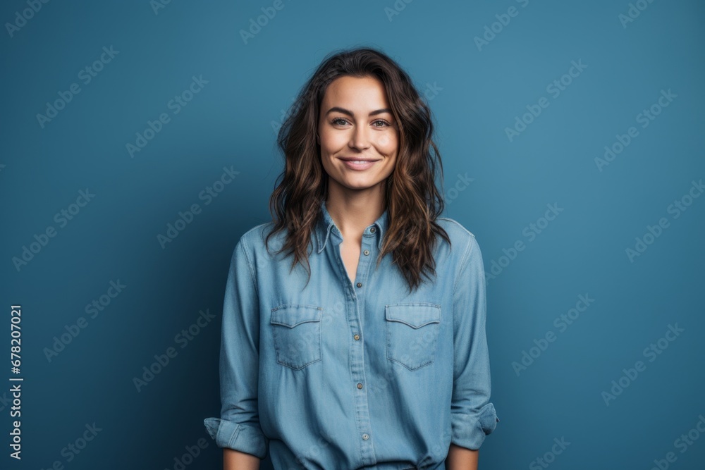 Portrait of a glad woman in her 30s sporting a versatile denim shirt against a solid color backdrop. AI Generation Portrait of a glad woman in her 30s sporting a versatile denim shirt against a solid color backdrop. AI Generation