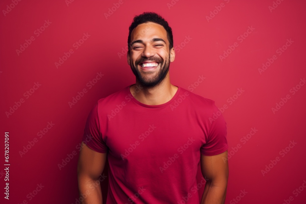 Portrait of a grinning man in his 30s donning a trendy cropped top against a solid color backdrop. AI Generation Portrait of a grinning man in his 30s donning a trendy cropped top against a solid color backdrop. AI Generation