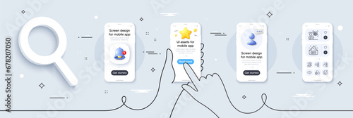 Eye, Vitamin b6 and Difficult stress line icons pack. Phone screen mockup with 3d star, alert and chat message. Mint bag, Coronavirus pills, Fahrenheit thermometer web icon. Vector