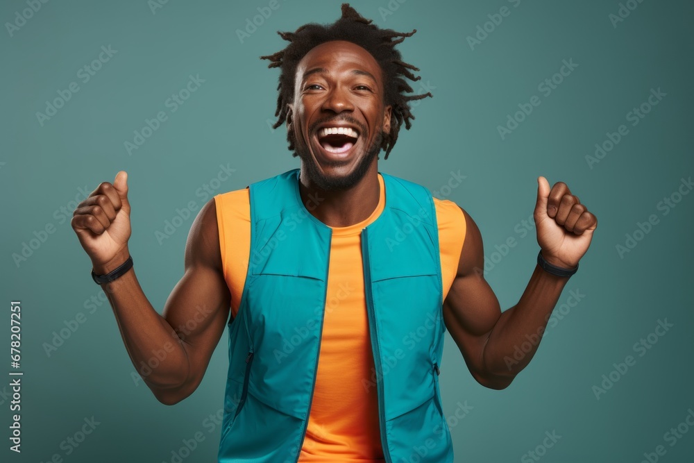 Portrait of a joyful man in his 30s wearing a lightweight running vest against a solid color backdrop. AI Generation Portrait of a joyful man in his 30s wearing a lightweight running vest against a solid color backdrop. AI Generation