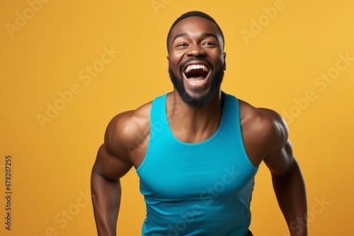 Portrait of a joyful man in his 30s wearing a lightweight running vest against a solid color backdrop. AI Generation