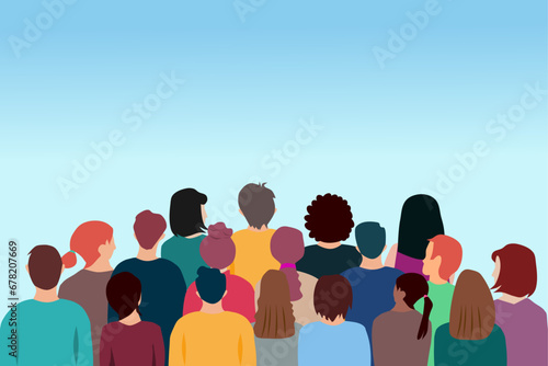 Back view group of people. A group of people standing back. Crowd of people. Vector illustration.