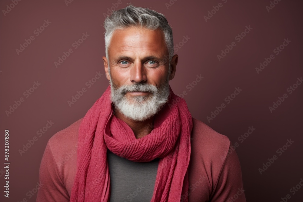 Portrait of a blissful man in his 50s wearing a versatile buff against a solid color backdrop. AI Generation