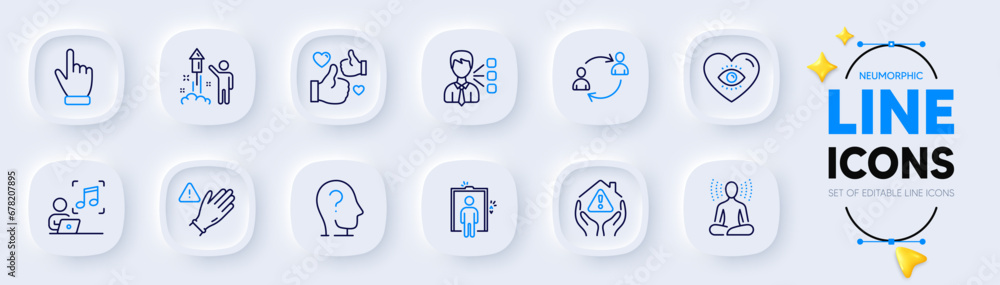 Psychology, Cursor and House protection line icons for web app. Pack of User communication, Like, Elevator pictogram icons. Yoga, Fireworks, Music signs. Meditation eye, Use gloves. Vector Psychology, Cursor and House protection line icons for web app. Pack of User communication, Like, Elevator pictogram icons. Yoga, Fireworks, Music signs. Meditation eye, Use gloves. Vector