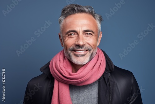 Portrait of a blissful man in his 50s wearing a versatile buff against a solid color backdrop. AI Generation