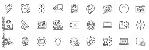 Icons pack as Delivery route  Cyber attack and Security lock line icons for app include Notebook  Laptop password  Approved award outline thin icon web set. Delivery time  Internet. Vector