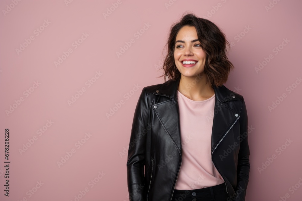 Portrait of a grinning woman in her 30s sporting a stylish leather blazer against a solid pastel color wall. AI Generation Portrait of a grinning woman in her 30s sporting a stylish leather blazer against a solid pastel color wall. AI Generation