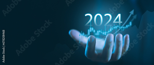 Future Financial Success Businessman Displays 2024 Economic Outlook through Virtual Screens