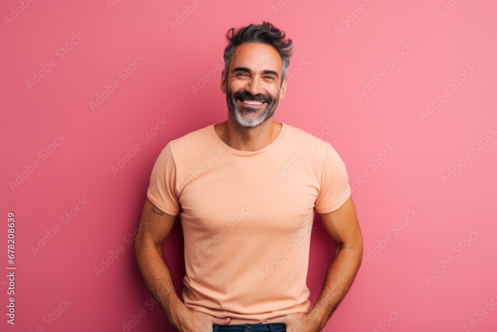 Portrait of a happy man in his 40s donning a trendy cropped top against a solid pastel color wall. AI Generation Portrait of a happy man in his 40s donning a trendy cropped top against a solid pastel color wall. AI Generation