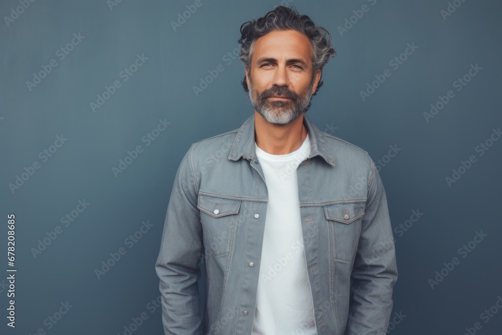 Fototapeta premium Portrait of a tender man in his 40s sporting a rugged denim jacket against a solid pastel color wall. AI Generation