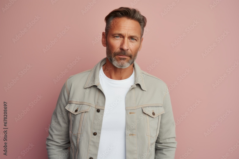 Portrait of a tender man in his 40s sporting a rugged denim jacket against a solid pastel color wall. AI Generation Portrait of a tender man in his 40s sporting a rugged denim jacket against a solid pastel color wall. AI Generation