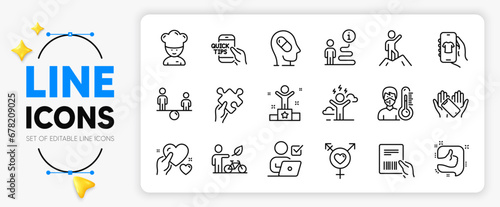 Thermometer, Smartphone holding and Like line icons set for app include Eco bike, Genders, Parcel invoice outline thin icon. Depression treatment, Shop app, Winner pictogram icon. Vector