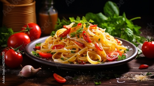 Delicious Italian pasta featuring a medley of vegetables.