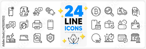 Icons set of Analytics graph, Filling station and Phone calendar line icons pack for app with Bitcoin, Podium, Smile thin outline icon. Timer, Translation service, Car service pictogram. Vector