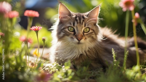 Adorable cat frolicking in the garden.