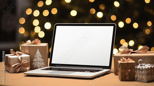 Laptop with blank screen and christmas tree on bokeh background.