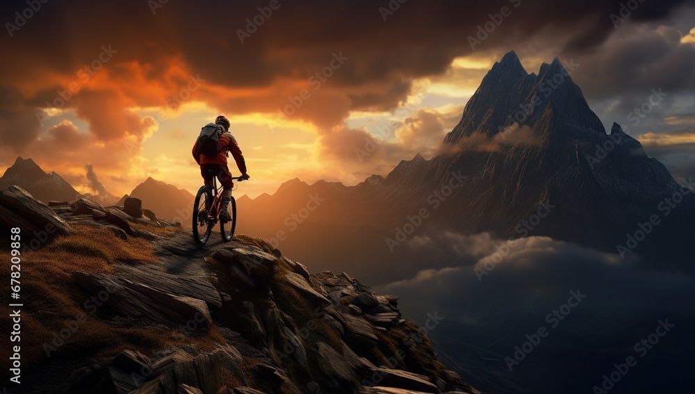 an adult man in a red jacket riding a mountain bike on a mountain slope against the backdrop of a setting sun and mountain peaks.