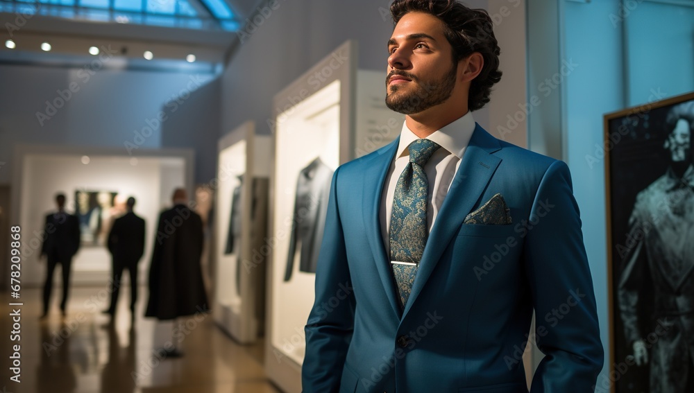 Fototapeta premium An adult man with dark hair in a blue suit, standing in an art gallery with a blurred background where other visitors and paintings are visible.