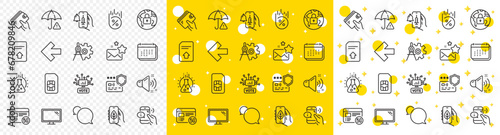Outline Cogwheel dividers, Upload file and Risk management line icons pack for web with Left arrow, Loan percent, Messenger line icon. Lock, Vaccine announcement, Calendar pictogram icon. Vector