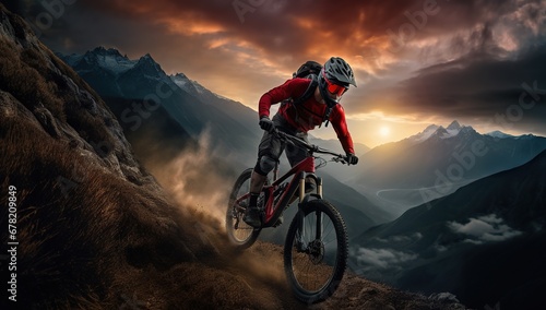 An adult man in a red jacket riding a mountain bike on a mountain slope against the backdrop of a setting sun and mountain peaks.