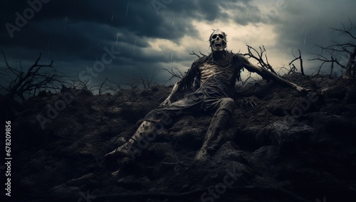 A skeleton sitting on the ground among dried trees under the rain with dark clouds in the background.