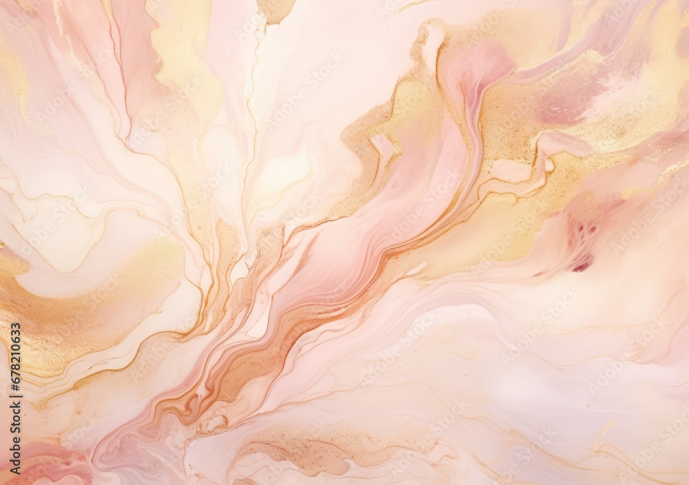 Abstract rose blush liquid watercolor background with golden lines, dots and stains. Pastel marble alcohol ink drawing effect.