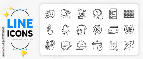 Boiling pan, Refresh bitcoin and Dirty t-shirt line icons set for app include Wallet, Boxes shelf, Voting ballot outline thin icon. Write, Inspect, Feather pictogram icon. Clock bell. Vector