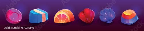 Jelly candy game ui cartoon glossy interface icon vector set. Cute shiny gummy fruit shape for puzzle or match mobile app. Magic glass web gui objects template in blue and pink. Shell glassy element