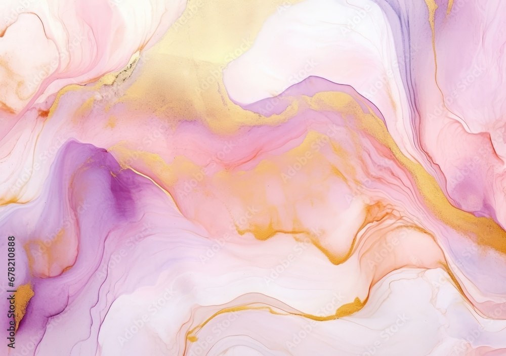 Rose pink liquid watercolor background with golden dots. Dusty blush marble alcohol ink drawing effect