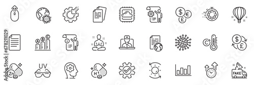 Icons pack as Report diagram, Documents and Coronavirus line icons for app include Time management, Manual doc, Seo timer outline thin icon web set. Swipe up, Internet document, Yoga pictogram. Vector