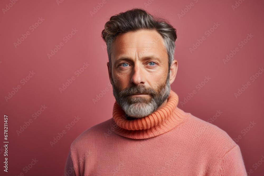 Portrait of a content man in his 40s dressed in a warm wool sweater against a solid pastel color wall. AI Generation