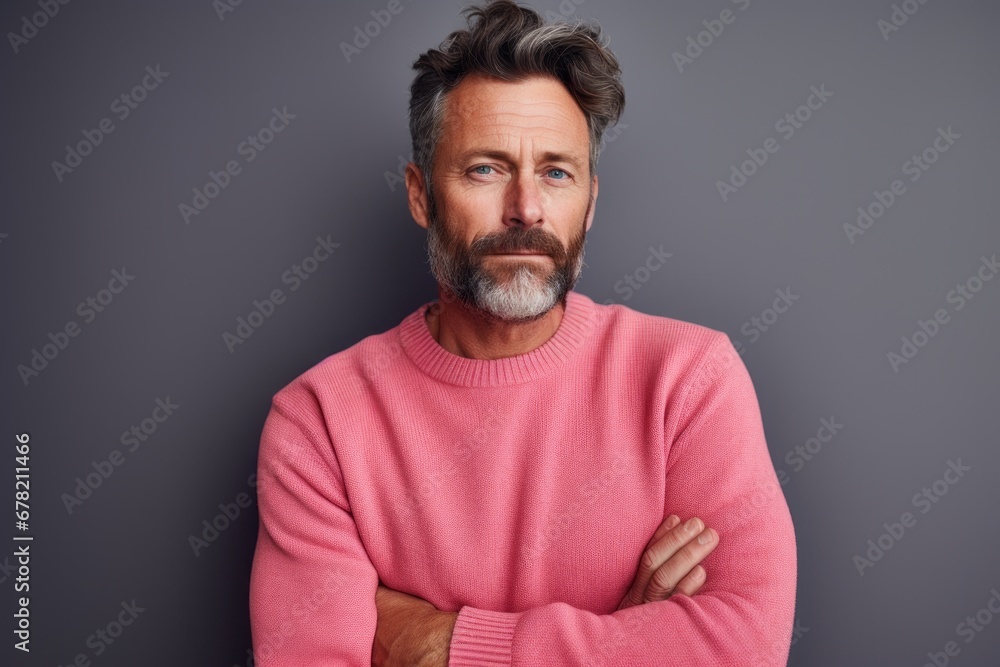 Portrait of a content man in his 40s dressed in a warm wool sweater against a solid pastel color wall. AI Generation Portrait of a content man in his 40s dressed in a warm wool sweater against a solid pastel color wall. AI Generation