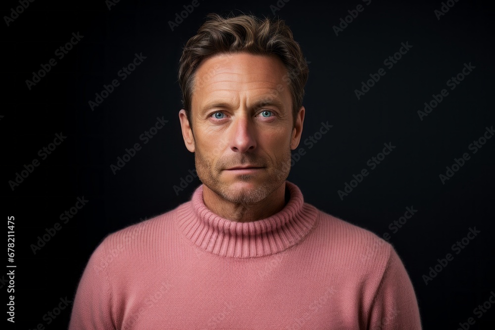 Portrait of a tender man in his 40s dressed in a warm wool sweater against a solid pastel color wall. AI Generation